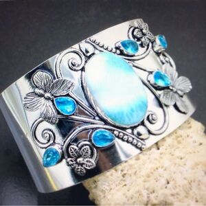 Larimar Blue Topaz Stamped Solid 925 Sterling Silver Cuff Bracelet